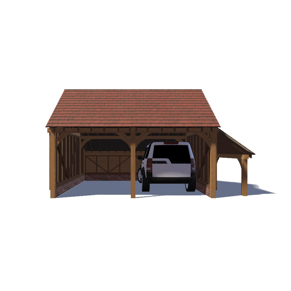 2-Bay Oak Garage with log store and cat slide - gable end roof, 35 deg –  Oakmasters Frames Direct, image size:1000x1000